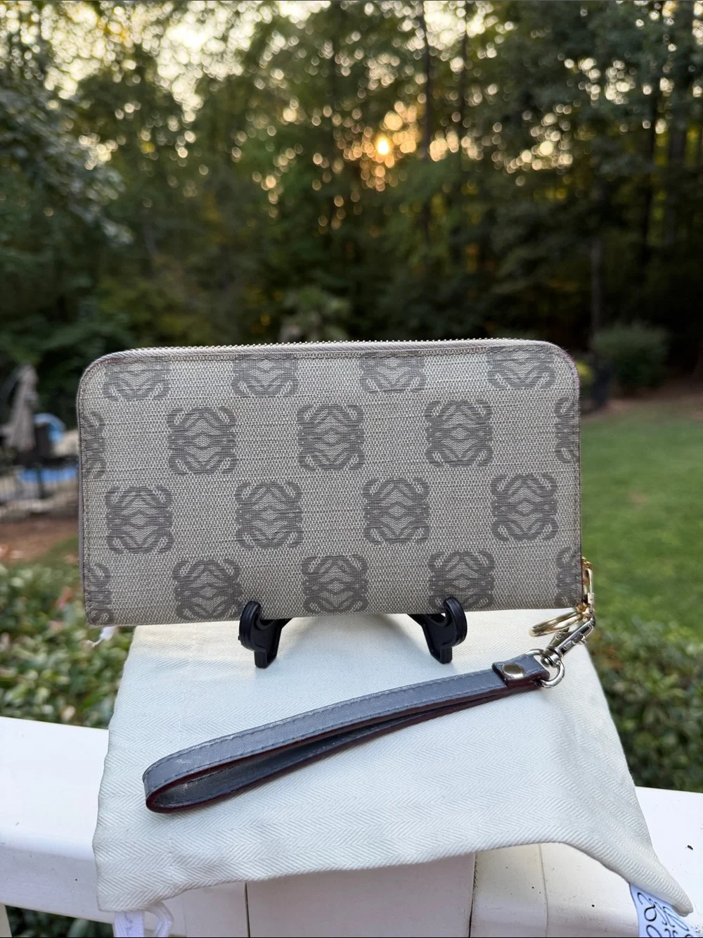 Loewe Vintage Beige and Gray Monogram Zip-Around Logo Wristlet Wallet